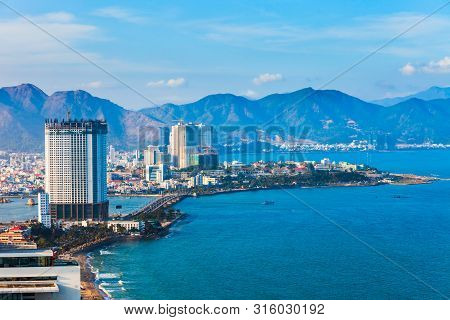 Nha Trang City Skyline Aerial Panoramic View At Sunset In South Vietnam