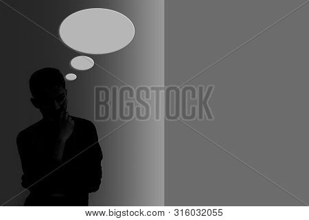 Silhouette Of A Male Human Figure With A Chat Icon Raising From His Head.