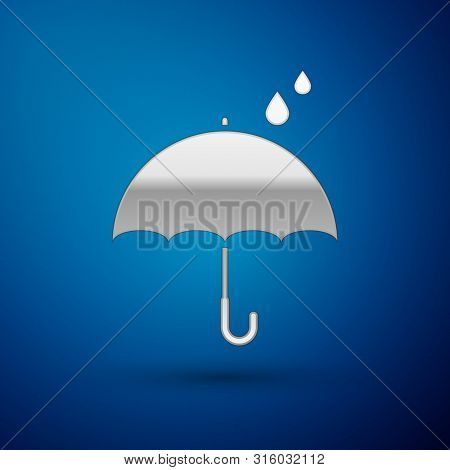 Silver Umbrella And Rain Drops Icon Isolated On Blue Background. Waterproof Icon. Protection, Safety