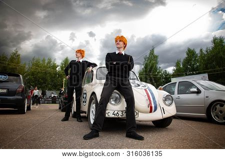 Moscow, Russia: July 06, 2019: Restored Volkswagen Beetle Stylized Number 53. The Weasley Brothers A