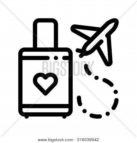 Valise And Airplane Honeymoon Trip Icon Thin Line. Valise With Love Symbol Heart Linear Pictogram. P