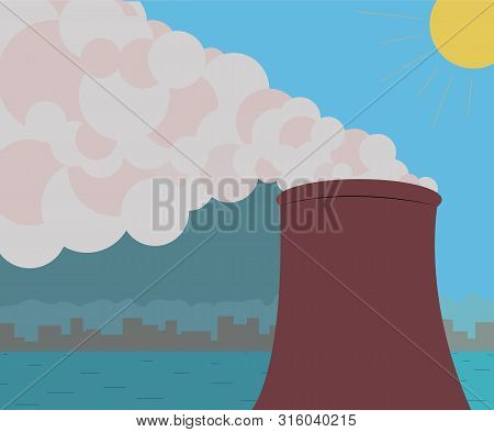 Ecology Concept Illustration. Bad Eco Issue. Demonstration How The Smoke Ruins Nature, Ciry, River A
