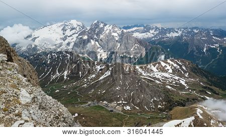Beautiful View On The Marmolada Mountain And Pass Pordoi From Sella. Dolomites, Italy