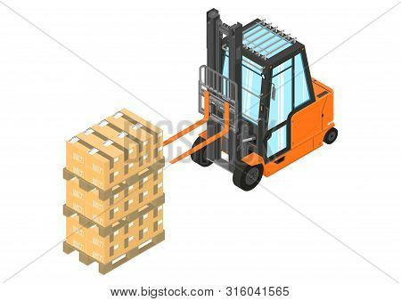 Forklift. Orange Counterbalance Forklift With A Pallet. Isometric View. Flat Vector.