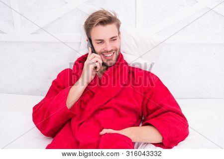 Good Morning. Hipster Guy Pajamas Bathrobe Freelance Worker Relaxing At Home. Remote Work Concept. G