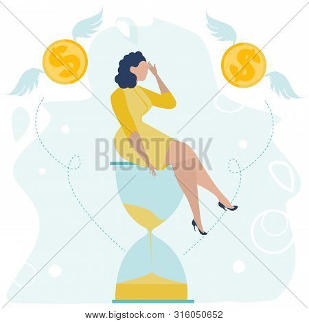 Depressed Businesswoman With A Headache Sitting On The Hourglass. Money Problem And Financial Troubl
