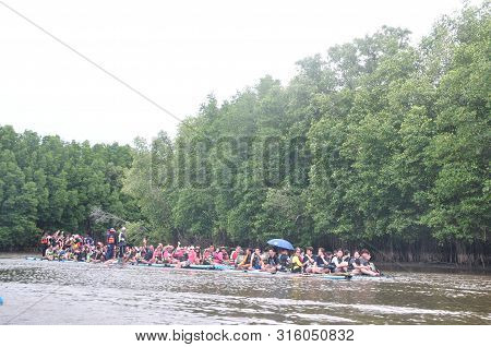 Chantaburi, Laem Sing, Thailand - 3 August 2019 : Bamboo (substitute Materials With Tube Pvc)  Raft 