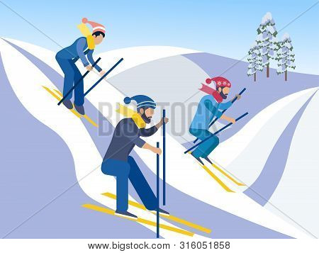 Skiing. Friends Go Down From The Mountains On Skis. In Minimalist Style. Cartoon Flat Raster