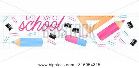 School Suplies Ruler, Color Pencils With Quote School Time, And Copy Space Place Text , Vector Illus