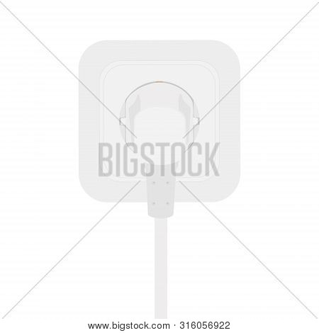 White Power Cord Cable Plugged Into European Wall Outlet On White Wall.