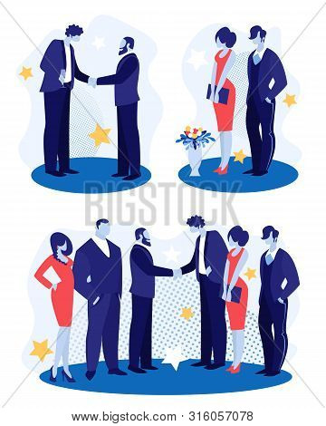 Business Men With Women Stand Face To Face Shaking Hands, Greeting Each Other On Party. Businessmen 