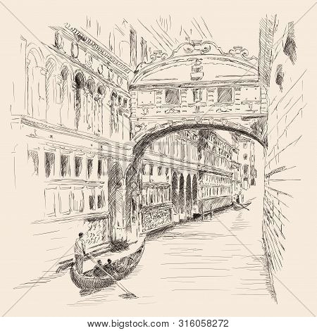 Scenery Of The Old City Of Venice. Ancient Buildings, A Water Channel And A Boat Floating On The Wat