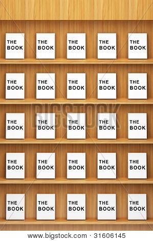 Estantería de madera con libros en blanco