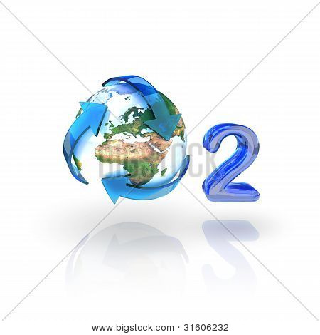 Kyslík, O2, Eco koncept. Zeměkoule s recyklaci šipky