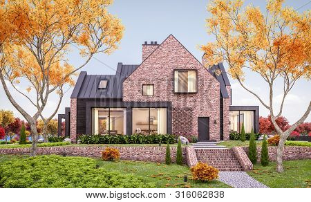 3D Rendering Of Modern Clinker House On The Ponds With Pool In Autumn Evening