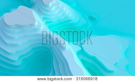3d Landscape Paper Cut Style, Curved Shapes With Blue Gradients, Water Color, Abstract Geometric Lin
