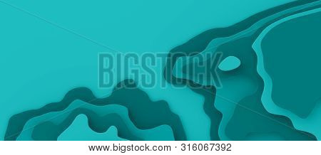 Wide 3d Landscape Paper Cut Style, Curved Shapes With Blue Gradients, Blank Space, Abstract Geometri