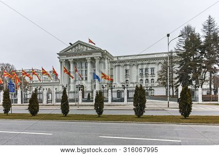 Skopje, Republic Of Macedonia - February 24, 2018: Building Of Government Of The Republic Of Macedon