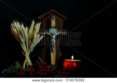 Crucifix (souvenir), Rowan Branch, Wheat Ears And Burning Candle On Candlestick In Shape Of Apple On