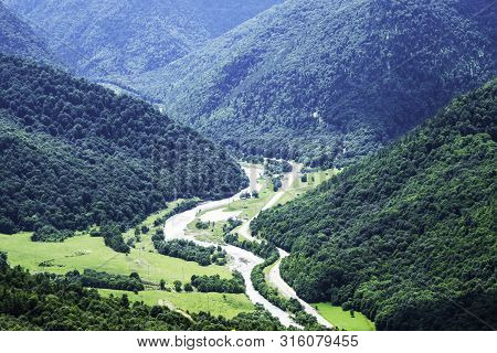 Mountain Landscape, River Valley, Mountains, Green Trees, Valley, River, Glaciers. Valley Of A Zelen
