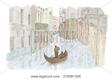 Scenery Of The Old City Of Venice. Ancient Buildings, A Water Channel And A Boat Floating On The Wat