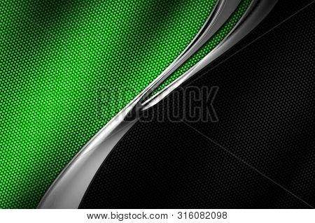 Green And Black Carbon Fiber And Curve Chromium Frame. Metal Background And Texture. Material Design