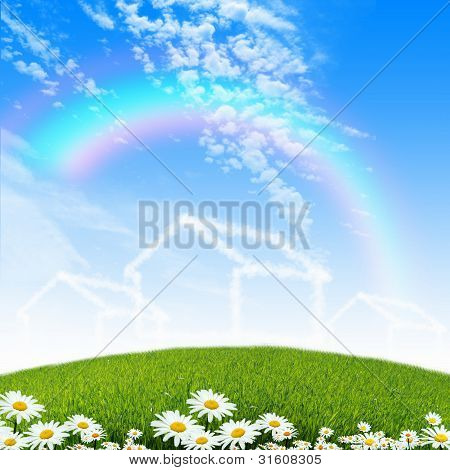 Huis van witte wolken tegen blauwe hemel