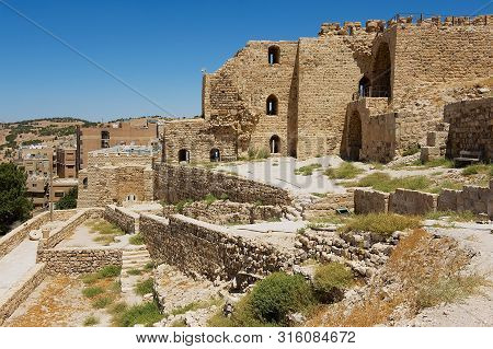 Karak, Jordan - August 22, 2012: Medieval Crusaders Castle In Al Karak, Jordan. One Of The Largest C