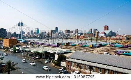 Johannesburg, South Africa - August 27 2013: High Angle View Of Nelson Mandela Bridge And Passenger 