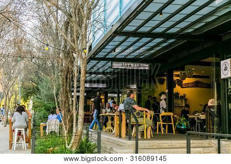 Modern Upmarket Building And Coffee Shop Street Cafe In Rosebank Suburb Of Sandton Johannesburg