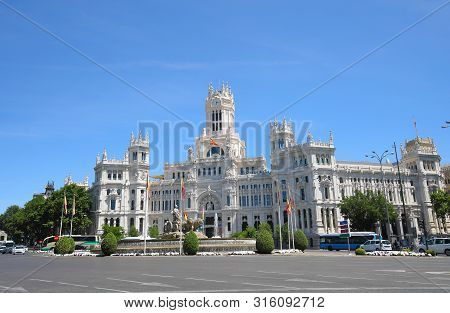 Cybele Palace And Cybele Fountain Historical Building Madrid Spain