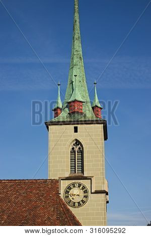 Close Up Of Nydegg Church In The Old Town Of Bern, The Capital Of Switzerland.