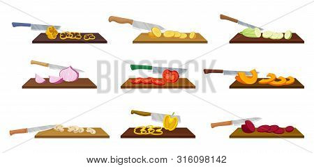 Set Of Images Of The Process Of Cutting Vegetables. Vector Illustration On A White Background.