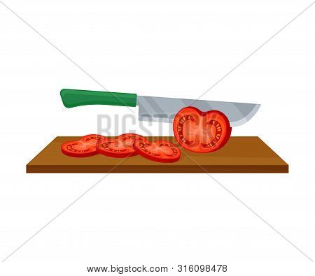 Knife Cuts Red Tomato. Vector Illustration On A White Background.