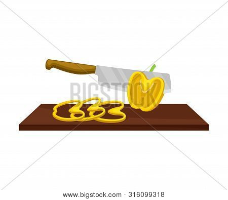 Knife Cuts Rings Sweet Pepper. Vector Illustration On A White Background.