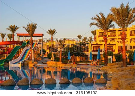 Sharm-el-sheikh/egypt - 06/21/2019. Water Colorful Rainbow Slides With Swimming Pool In The Hotel At