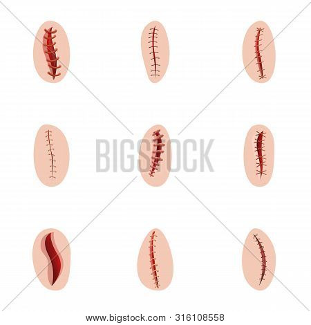 Surgery Suture Icon Set. Cartoon Set Of 9 Surgery Suture Vector Icons For Web Design Isolated On Whi