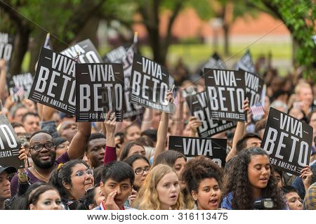 Houston, Texas - March 30, 2019: Supporters Hold Banners Viva Beto For America During Beto Orourke C