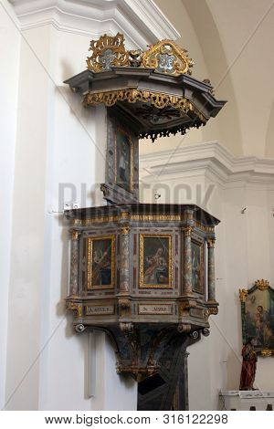 KLOSTAR IVANIC, CROATIA - SEPTEMBER 25, 2011: Pulpit in the Church of the Assumption of the Virgin Mary in Klostar Ivanic, Croatia