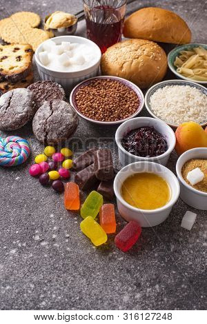 Assortment Of Simple Carbohydrates Food. Products High In Sugar