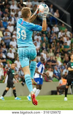 Krasnodar, Russia - August 7, 2019: Matvey Safonov Of Fc Krasnodar In Action During The Uefa Champio