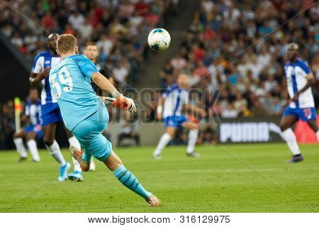 Krasnodar, Russia - August 7, 2019: Matvey Safonov Of Fc Krasnodar In Action During The Uefa Champio
