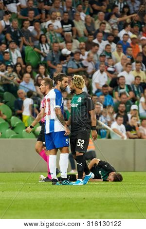 Krasnodar, Russia - August 7, 2019: Tonny Vilhena Quarrel On The Pitch Sergio Oliveira During The Ue
