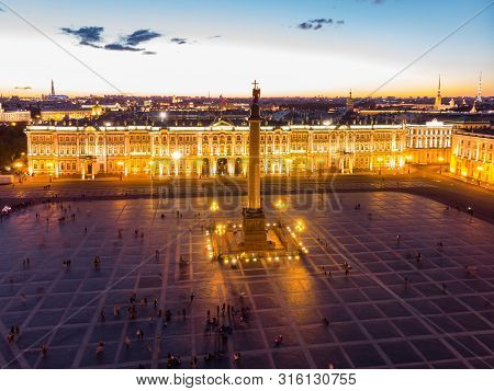 Aerial Front View At The Winter Palace Building In White Nights, Exterior Palace Square And Aleksand