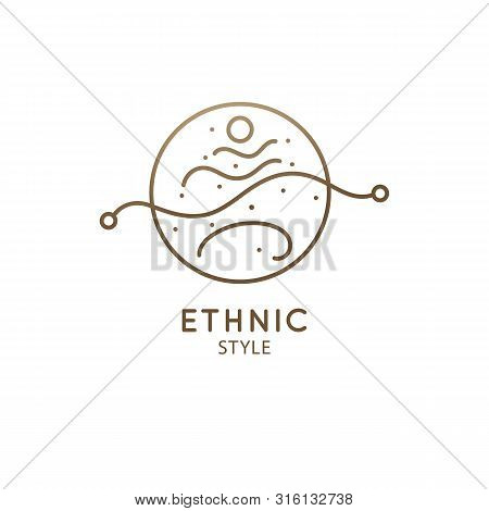 Mountain Landscape Logo With Water. Abstract Wavy Lines Icon. Vector Linear Illustration Of Hilly La