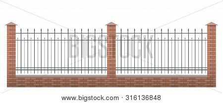 Brick Fence Vector Illustration Isolated On White Background With Metallic