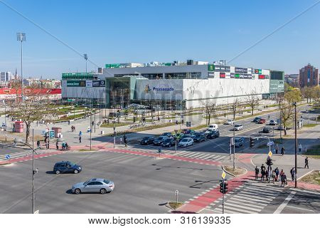 Building exterior of the Promenada shopping mall in Novi Sad, Serbia