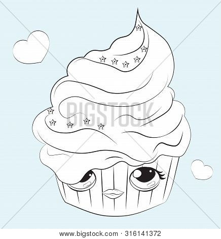 Cupcake With The Cream Decorated With Star, With Funy Face, Coloring Book  Can Be Used For T-shirt P