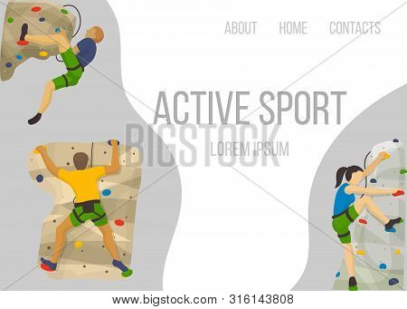 Mountain Climbing Sport Vector Web Template. Climbers Climbs Rock Wall And Extreme Sport Mountaineer
