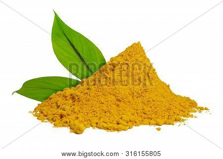 Turmeric Powder With Laf Isolated On White Background